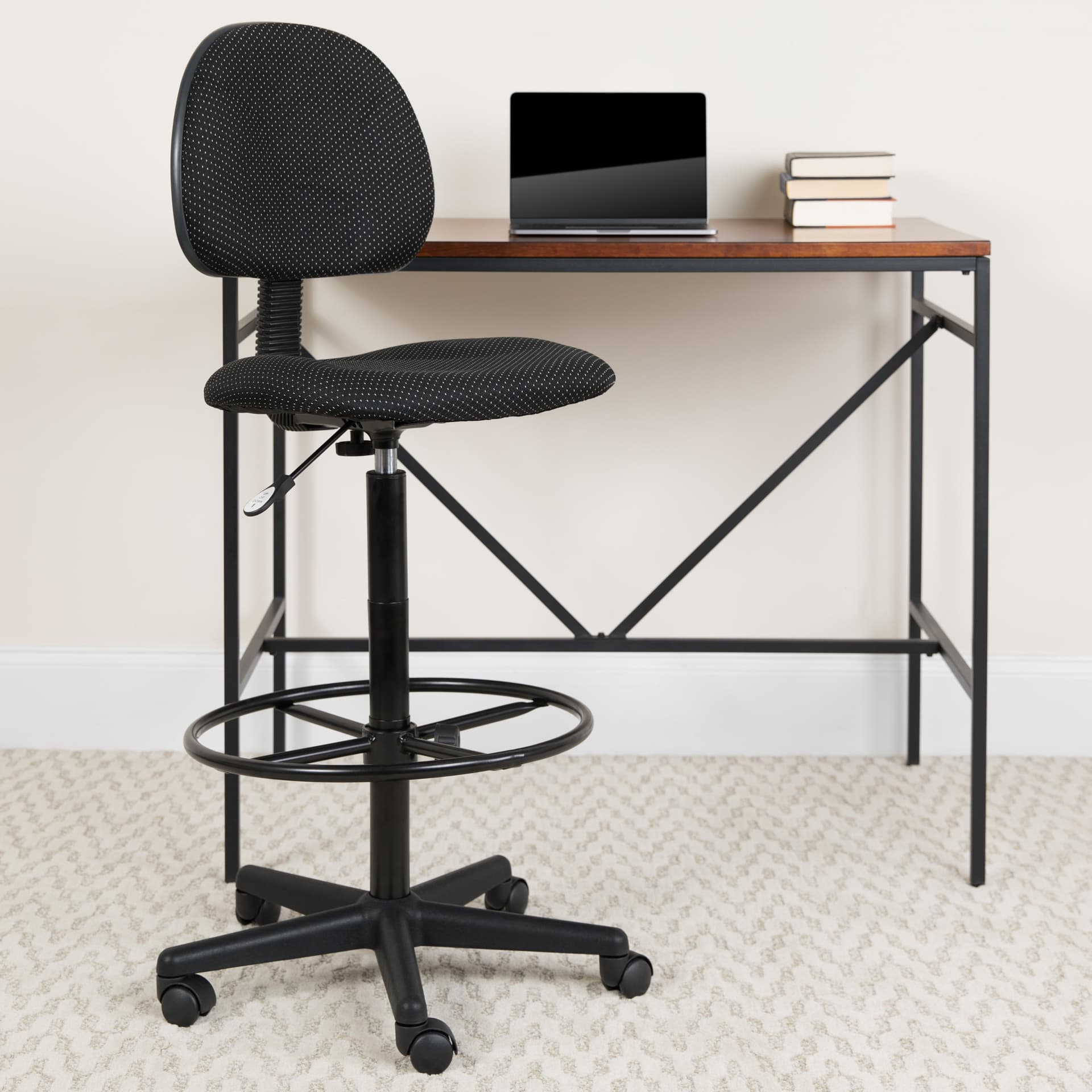 Black Patterned Fabric Swivel Adjustable Drafting Chair