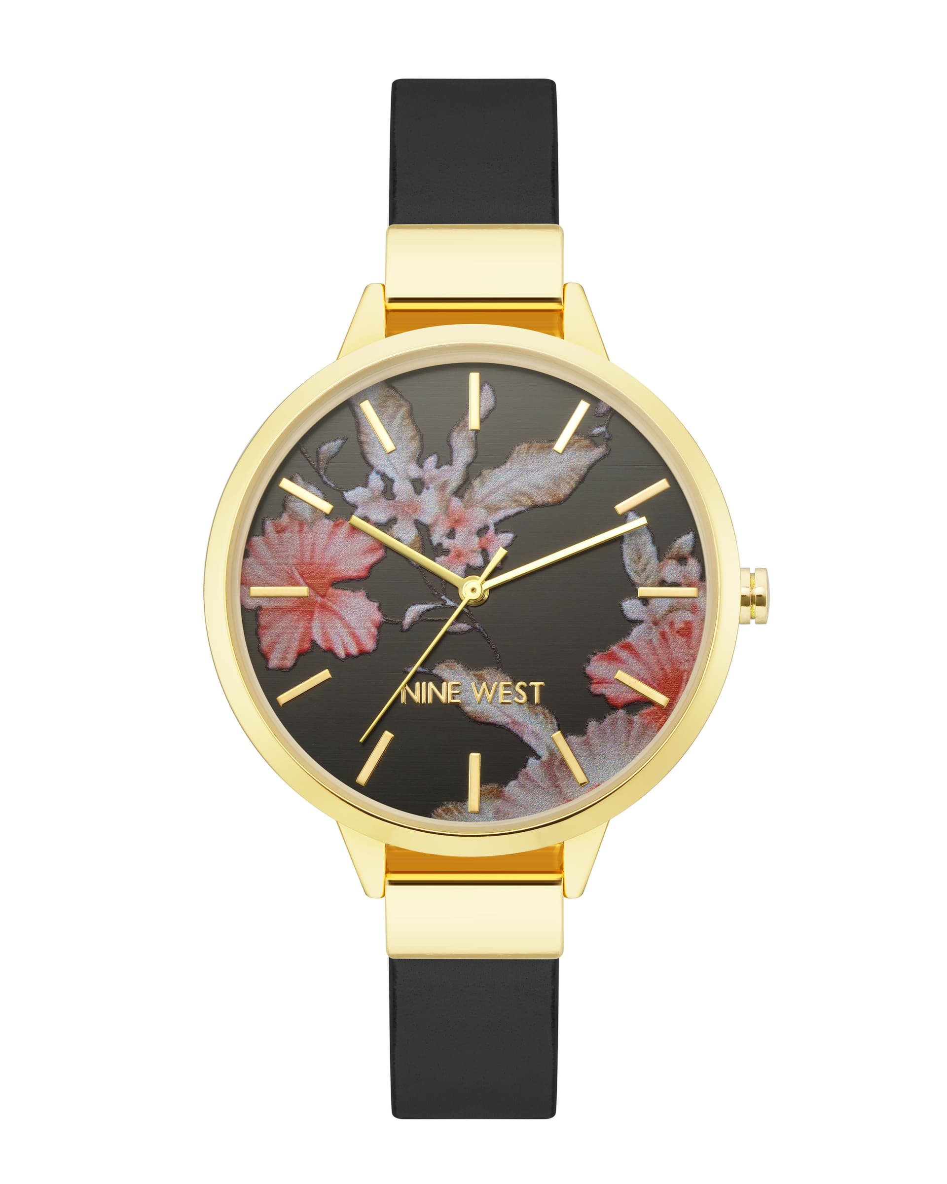 Women's Black Floral Dial Strap Watch