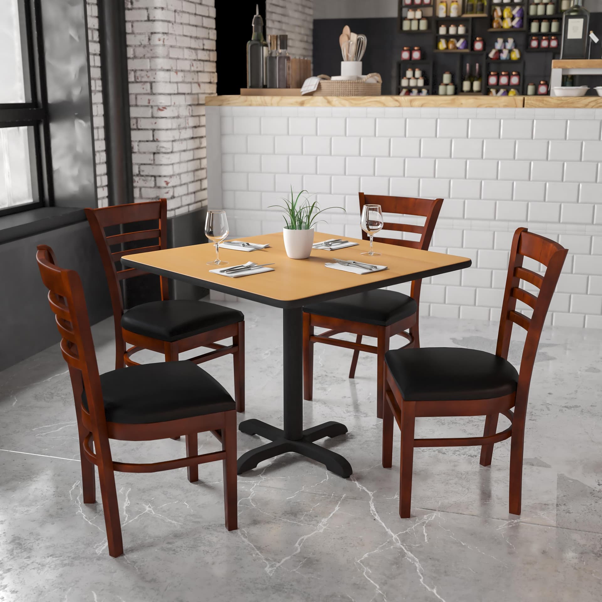 Ladder Back Mahogany Wood Restaurant Chair - Black Vinyl Seat