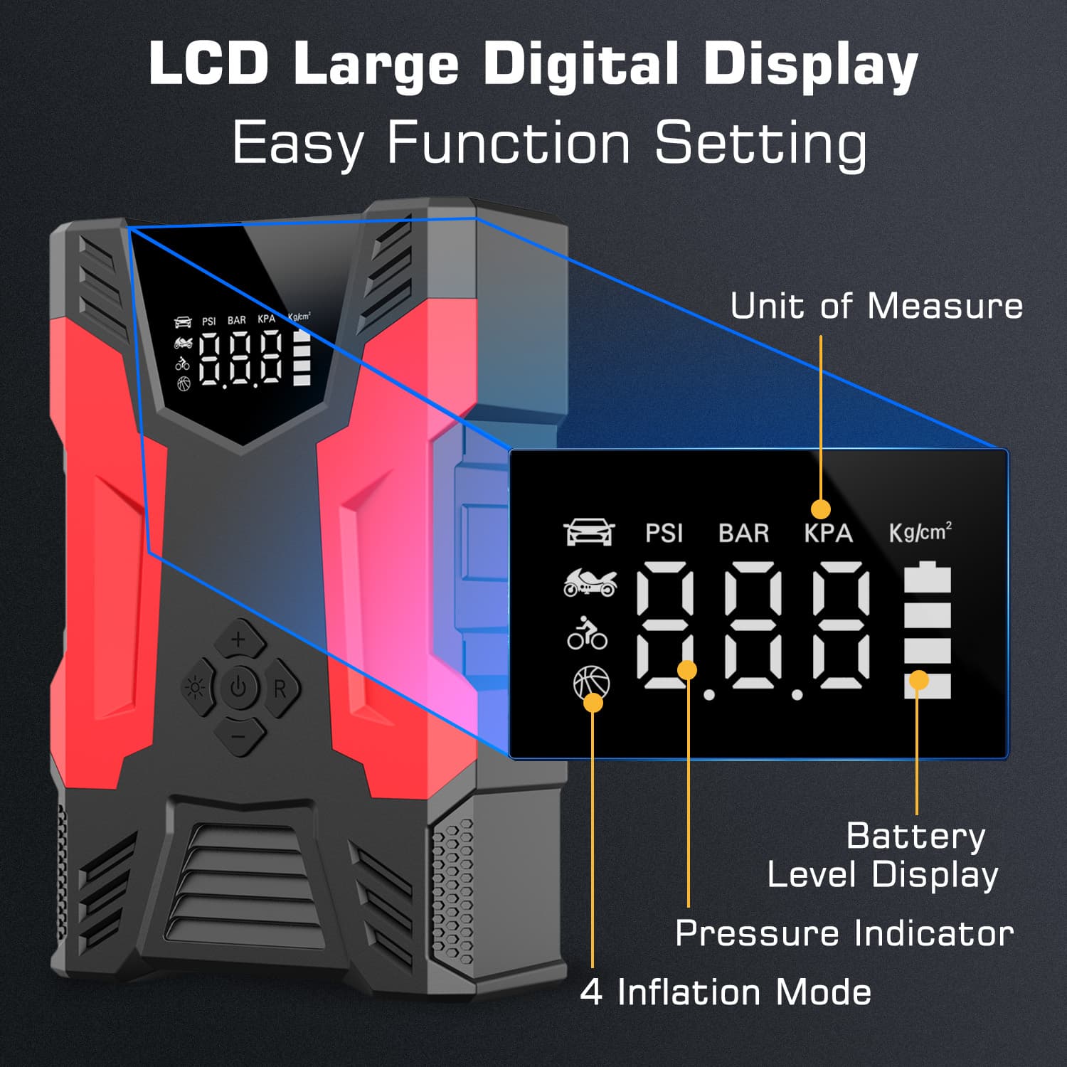 Car Jump Starter with Air Compressor and Hose, Up to 7.0L Gas/5.0L Diesel Vehicles, LED Flashlight, Power Bank, 10,000 mAh Capacity