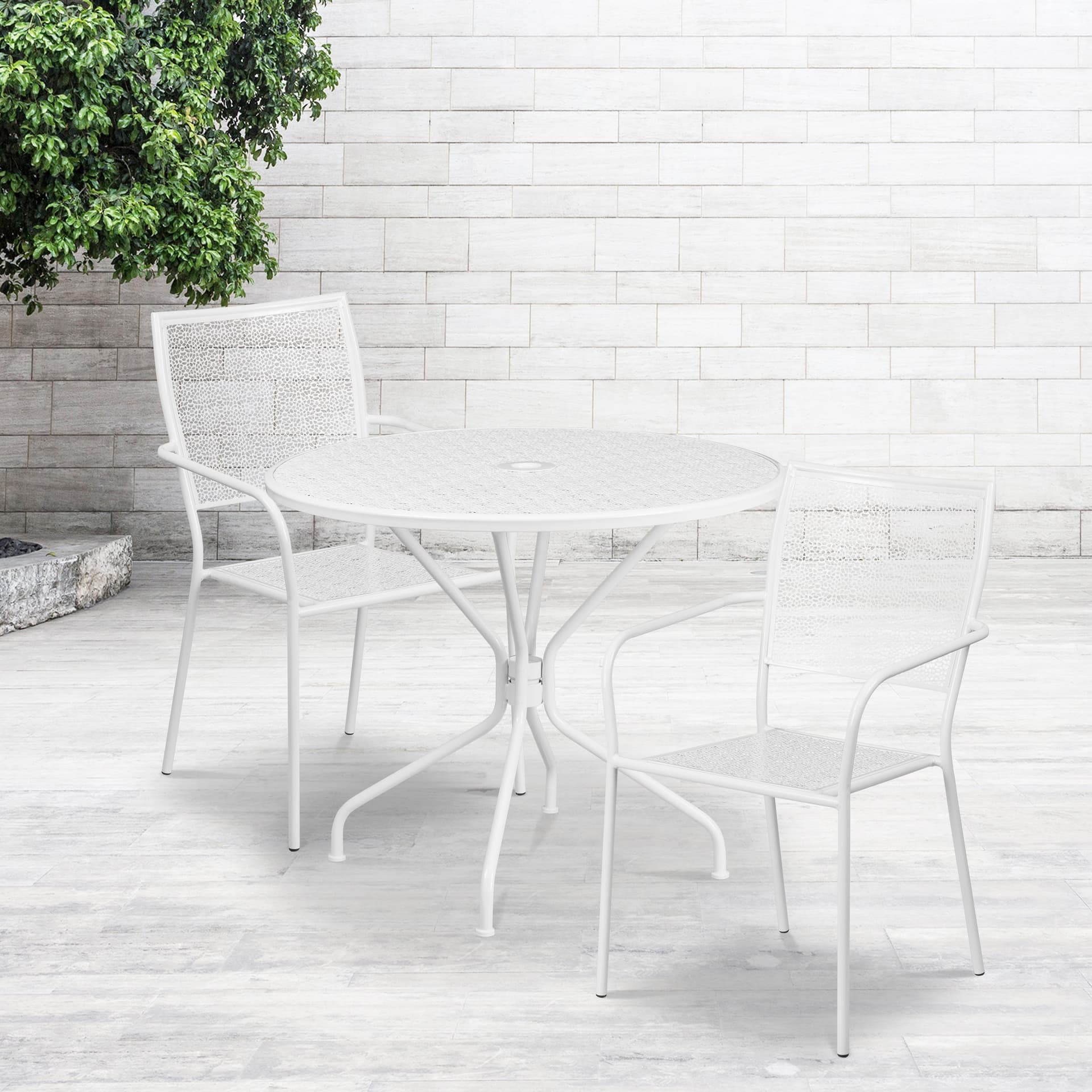 35.25" Round White Indoor-Outdoor Steel Patio Table Set w/ 2 Square Back Chairs