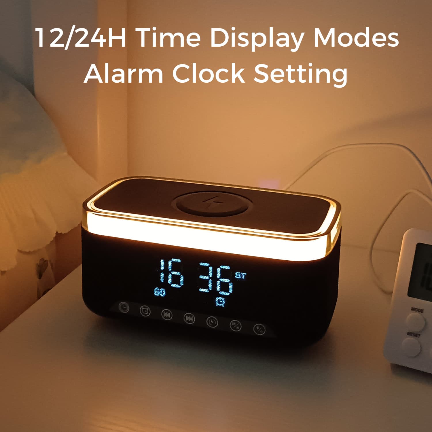Bluetooth Speaker Alarm Clock w/ 15W Fast Wireless Charging, 13 Night Light modes, Rechargeable Battery, 10W Stereo Speaker, 12/24H Digital Clock, Sleep Timer, White Noise Mode, US
