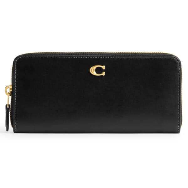 Smooth Leather Essential Slim Accordion Zip Wallet - Black/Brass
