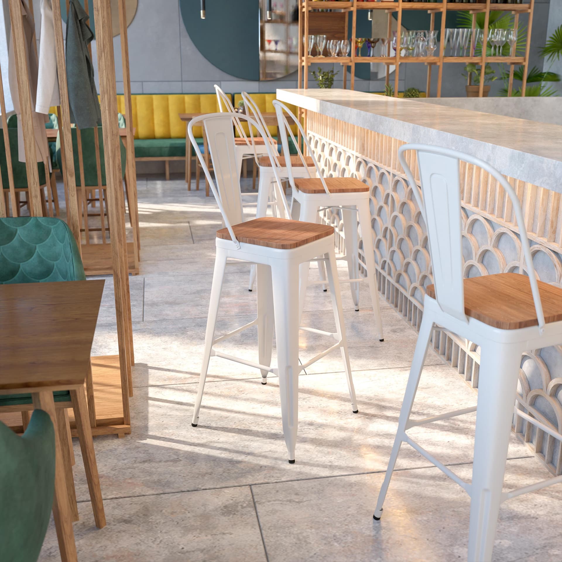 30" High White Metal Barstool with Back and Wood Seat - Kitchen Furniture