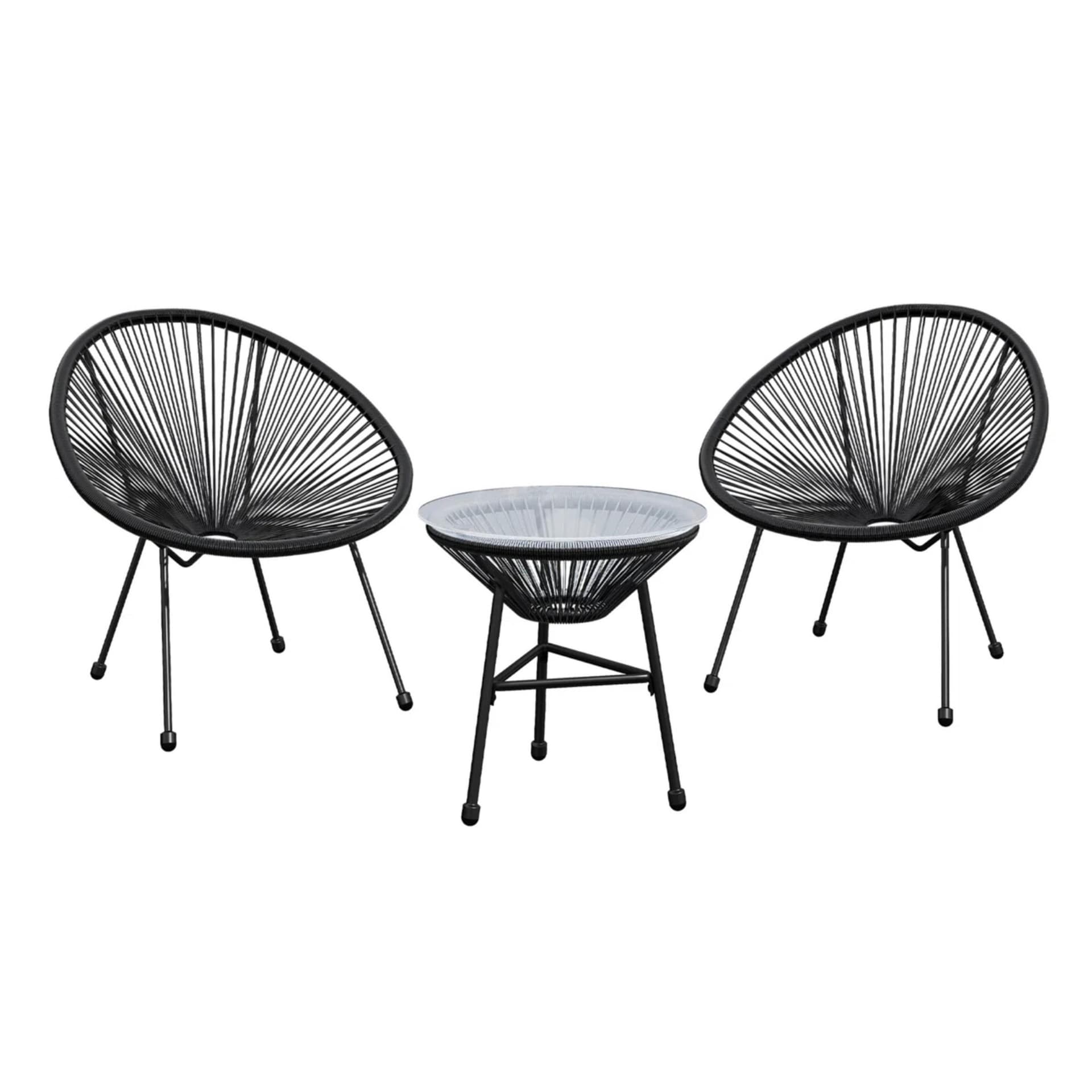 3-Piece Acapulco Wicker Bistro Set w/2 Black Chairs & Glass Table
