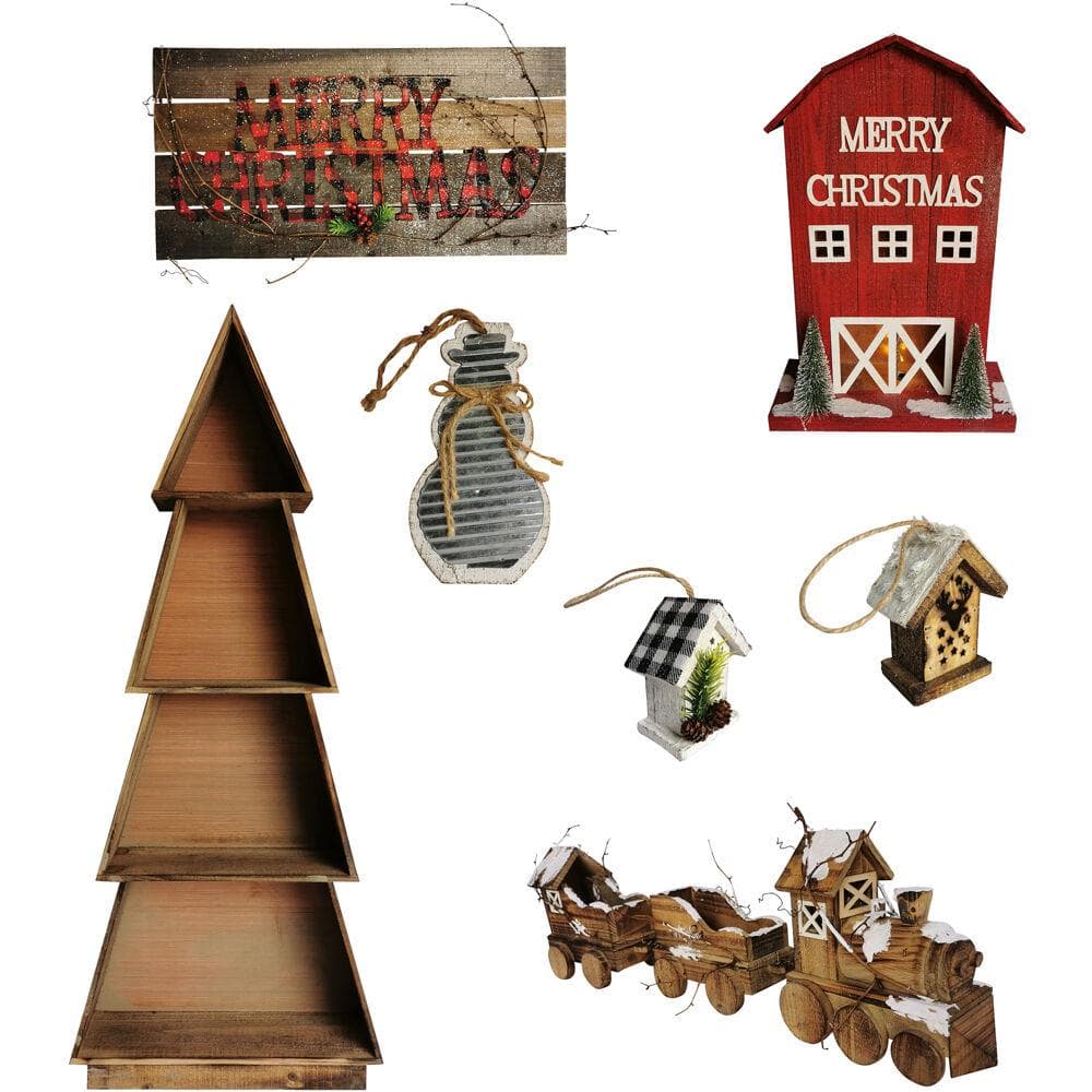 Woodland Christmas 7-Piece Decorating Kit: Tree Shelf, Lighted Barn, Train, Wall Sign, Snowman, and