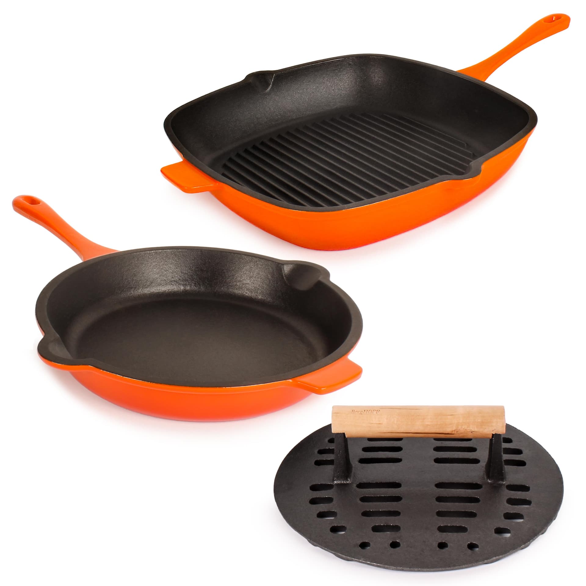 Neo 3pc Enamel on Cast Iron Cookware Set: 10" Fry Pan, Grill Pan and Slotted Steak Press, Orange