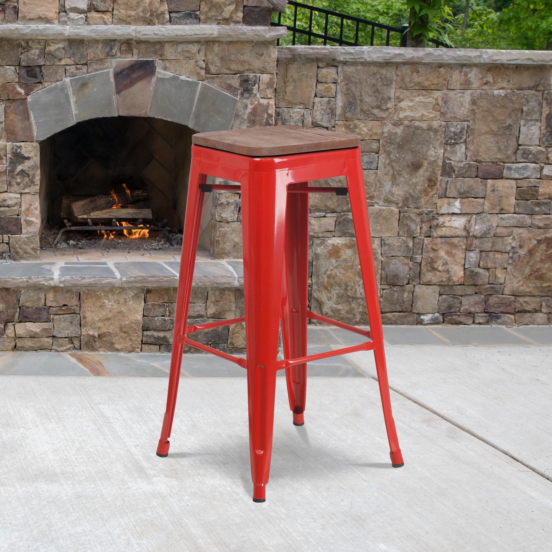 30" High Backless Red Metal Barstool with Square Wood Seat - Kitchen Furniture