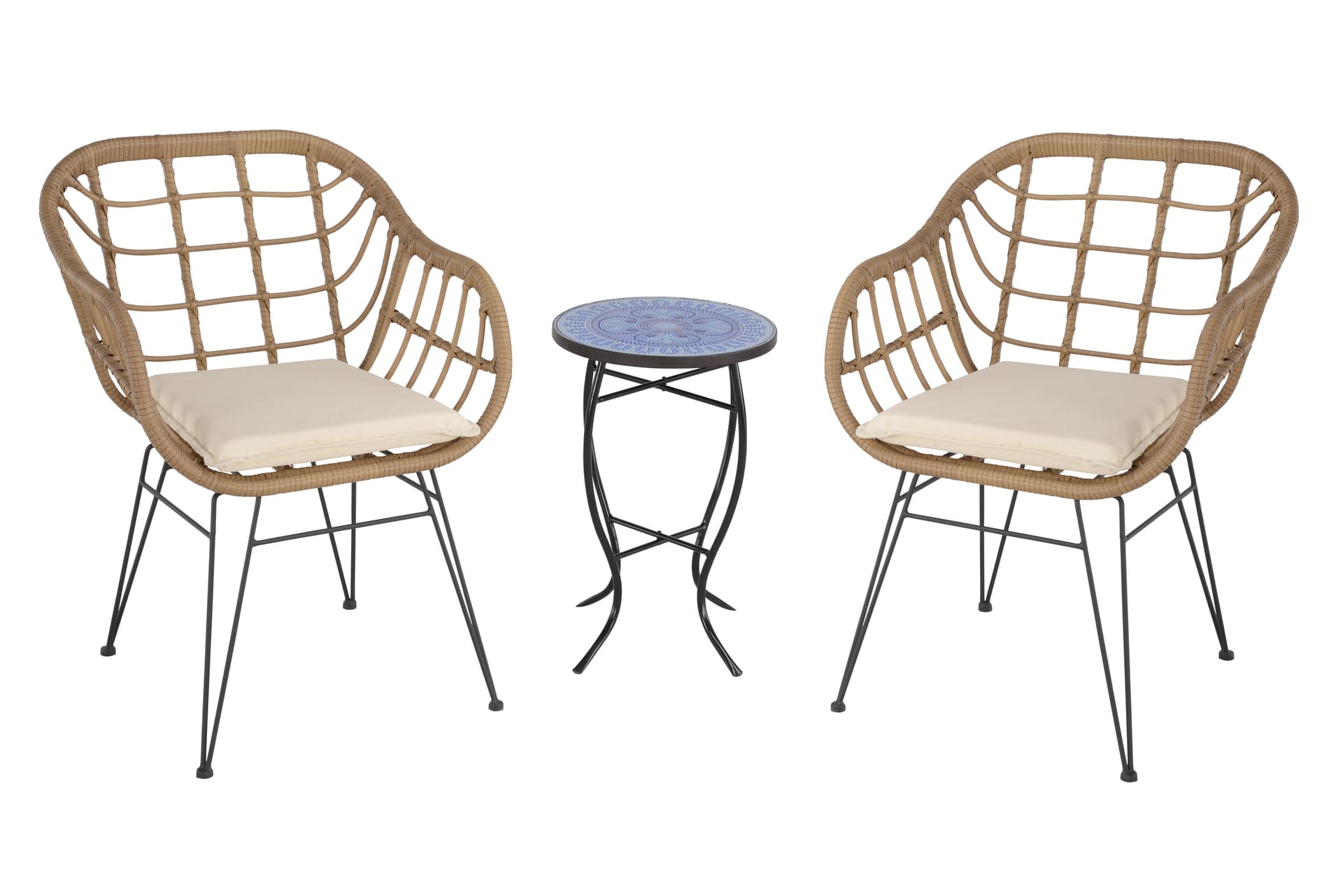 2 Faux Rattan Basket Chairs - Brown w/Pansies Blue Mosiac Accent Table