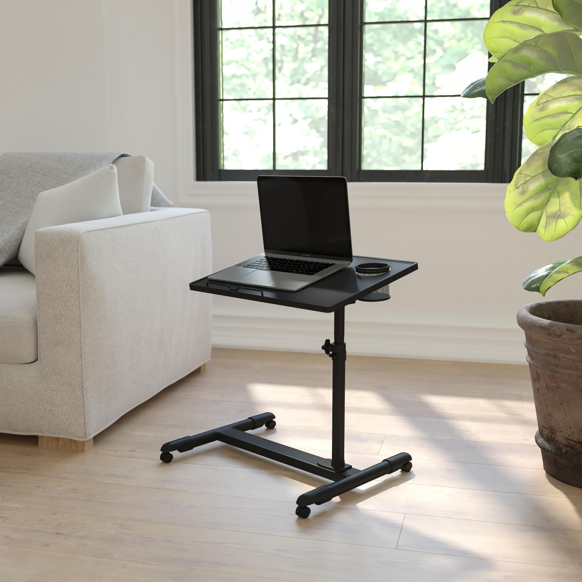 Black Adjustable Height Steel Mobile Tilt Top Computer Desk w/ Top & Bottom Lip