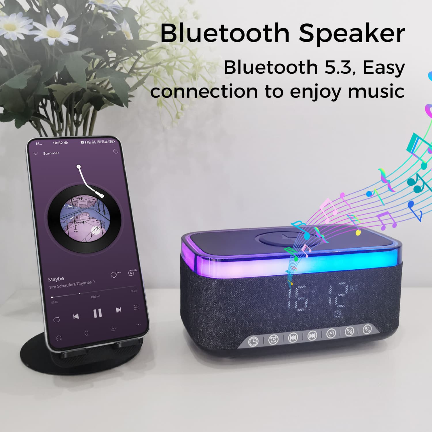 Bluetooth Speaker Alarm Clock w/ 15W Fast Wireless Charging, 13 Night Light modes, Rechargeable Battery, 10W Stereo Speaker, 12/24H Digital Clock, Sleep Timer, White Noise Mode, US