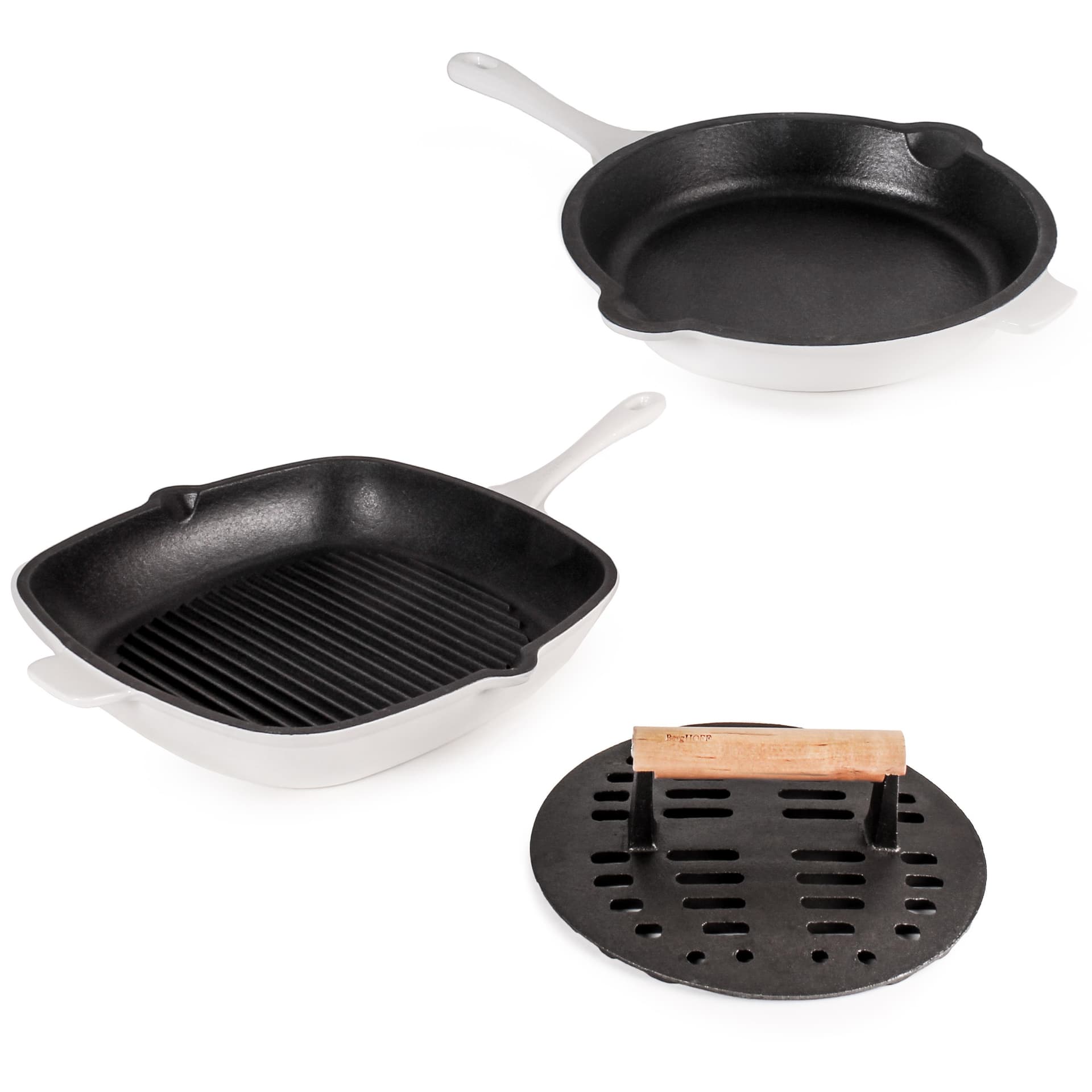 Neo 3pc Enamel on Cast Iron Cookware Set: 10" Fry Pan, Grill Pan and Slotted Steak Press, White