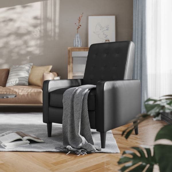 Pushback Recliner with Button Tufted Back in Cream LeatherSoft Upholstery