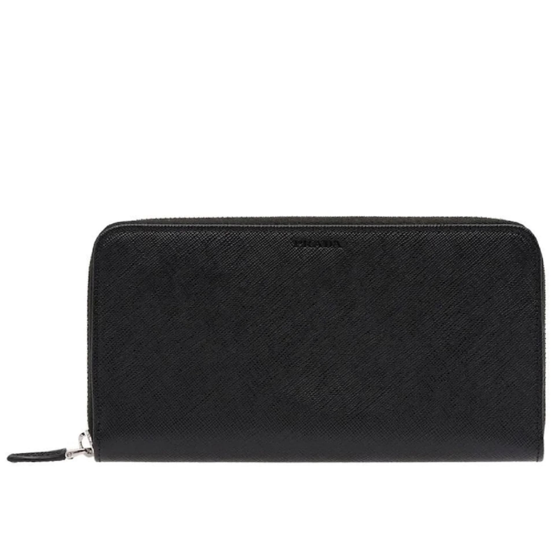 Prada Saffiano Active Black Leather Stripe Zip Around Wallet