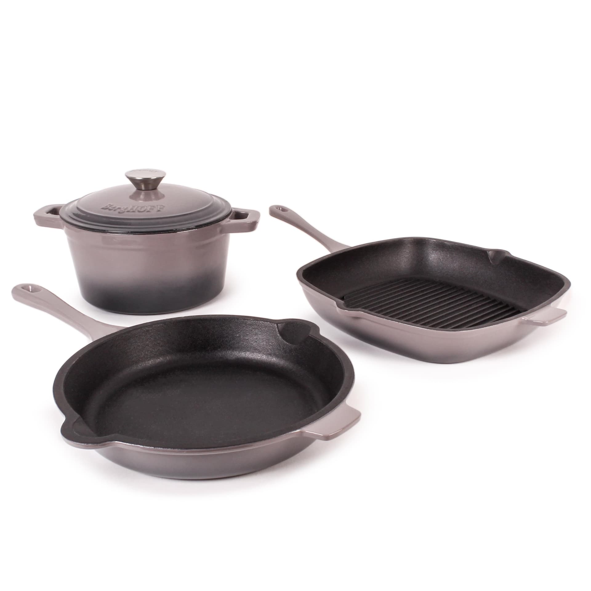 Neo 4pc Cast Iron Set : Grill Pan, Fry Pan & 3Qt Dutch Oven, Oyster