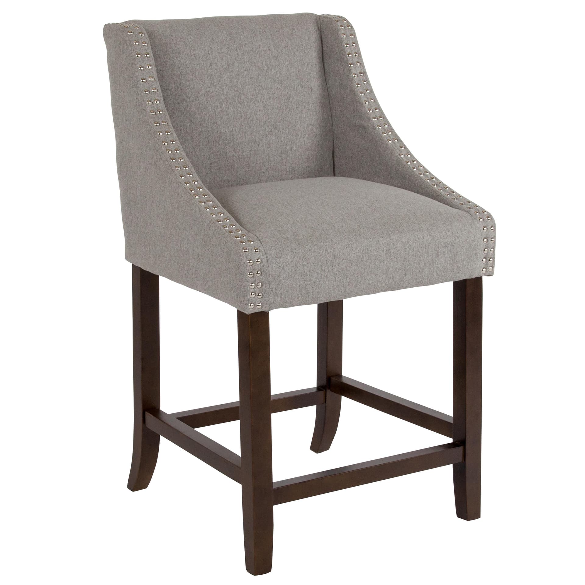 24"H Walnut Counter Stool with Accent Nail Trim - Light Gray Fabric