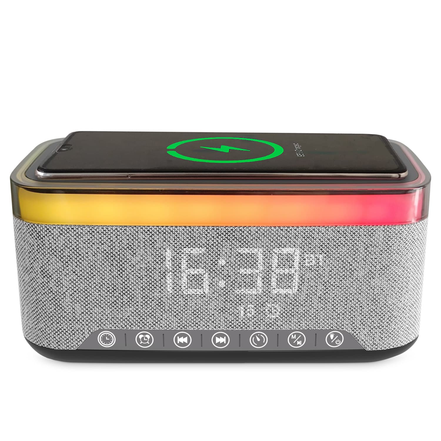 Bluetooth Speaker Alarm Clock w/ 15W Fast Wireless Charging, 13 Night Light modes, Rechargeable Battery, 10W Stereo Speaker, 12/24H Digital Clock, Sleep Timer, White Noise Mode, US