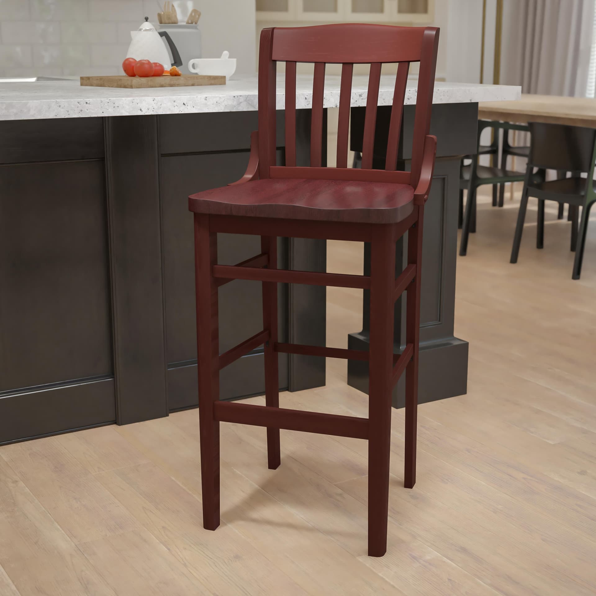 School House Back Mahogany Wood Barstool with Footrest