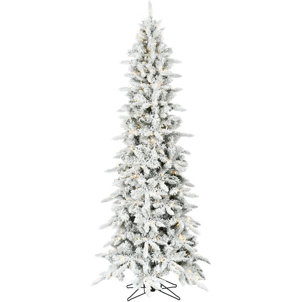 Fraser Hill Farm 9-Ft Slim Mountain Pine Flocked Artificial Christmas Tree with Warm White LED Light