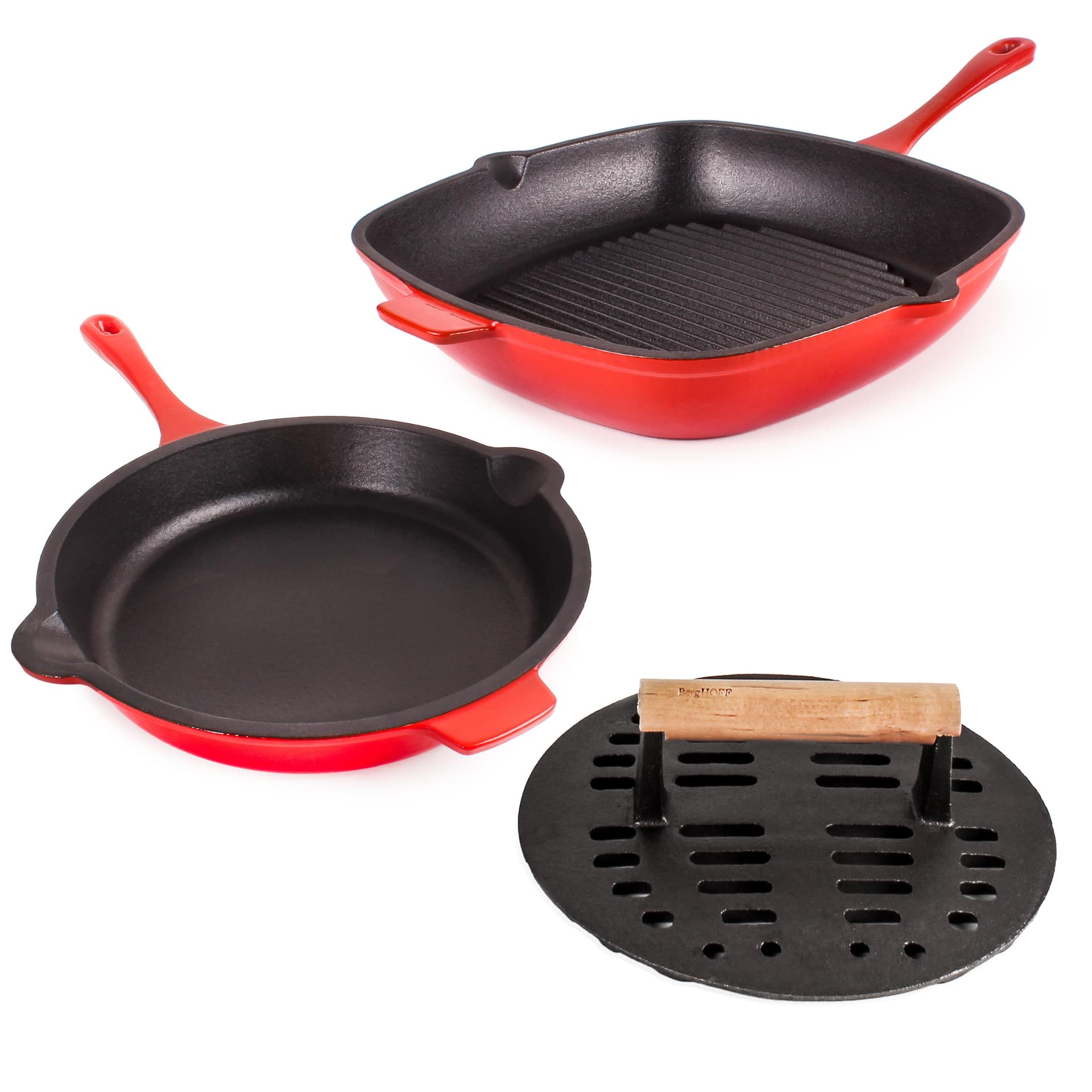 Neo 3pc Enamel on Cast Iron Cookware Set: 10" Fry Pan, Grill Pan and Slotted Steak Press, Red