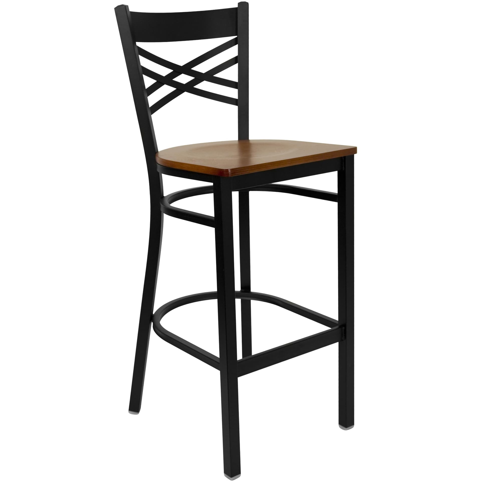 Black "X" Back Metal Restaurant Barstool - Cherry Wood Seat