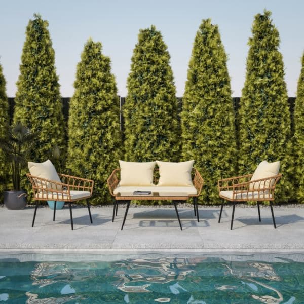 All-Weather 4 Piece Rope Rattan Patio Seating Set with Cushions - Natural/Gray