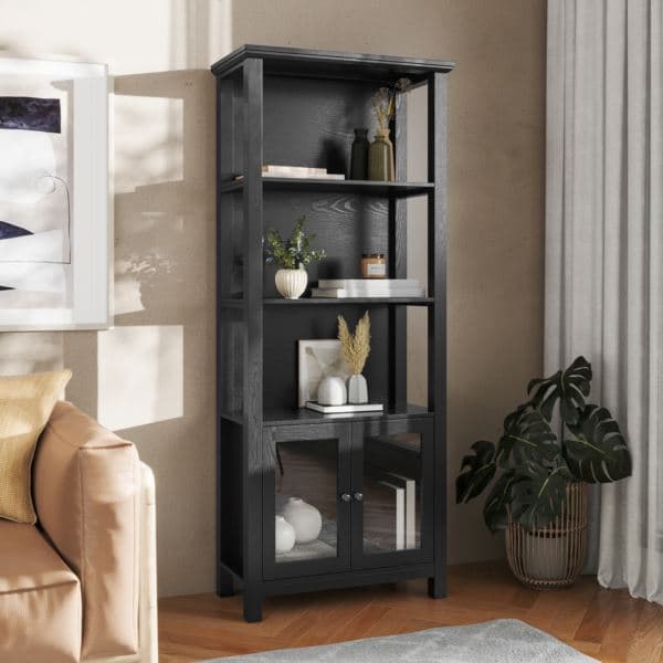 3 Tier Farmhouse Style Storage Cabinet Bookshelf with Glass Doors - White