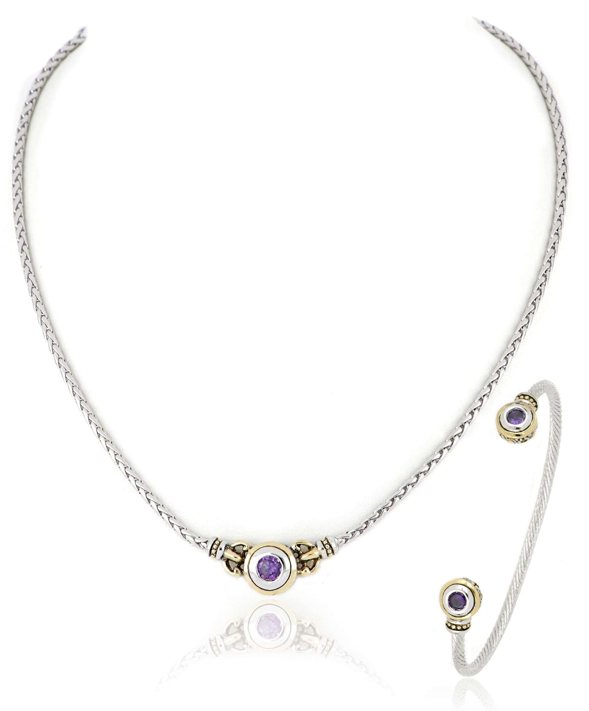 Beijos 6mm Single Stone Necklace & Small Cuff Bracelet, Amethyst CZ. N5027-A303 & B5029-A300