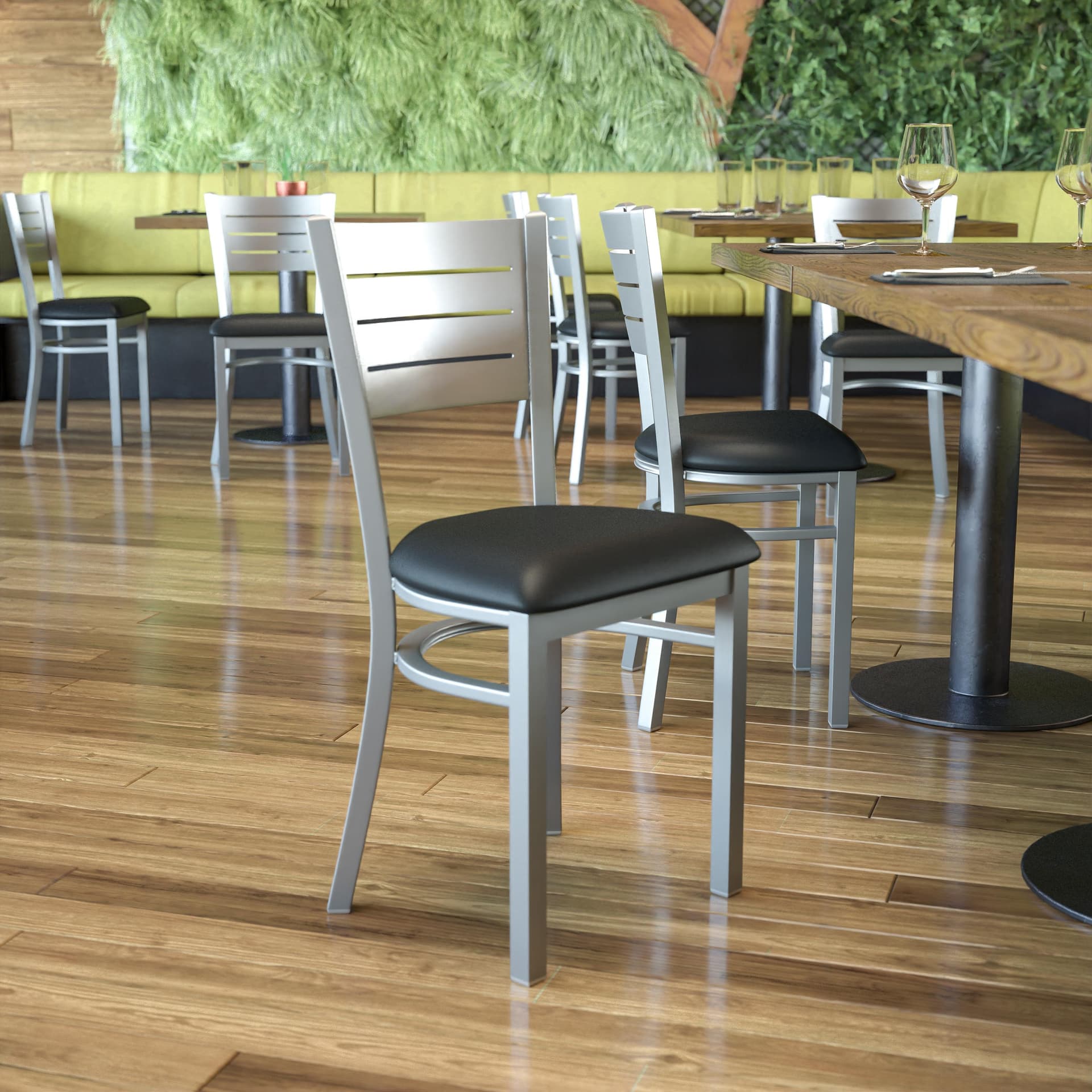 Silver Slat Back Metal Restaurant Chair - Black Vinyl Seat