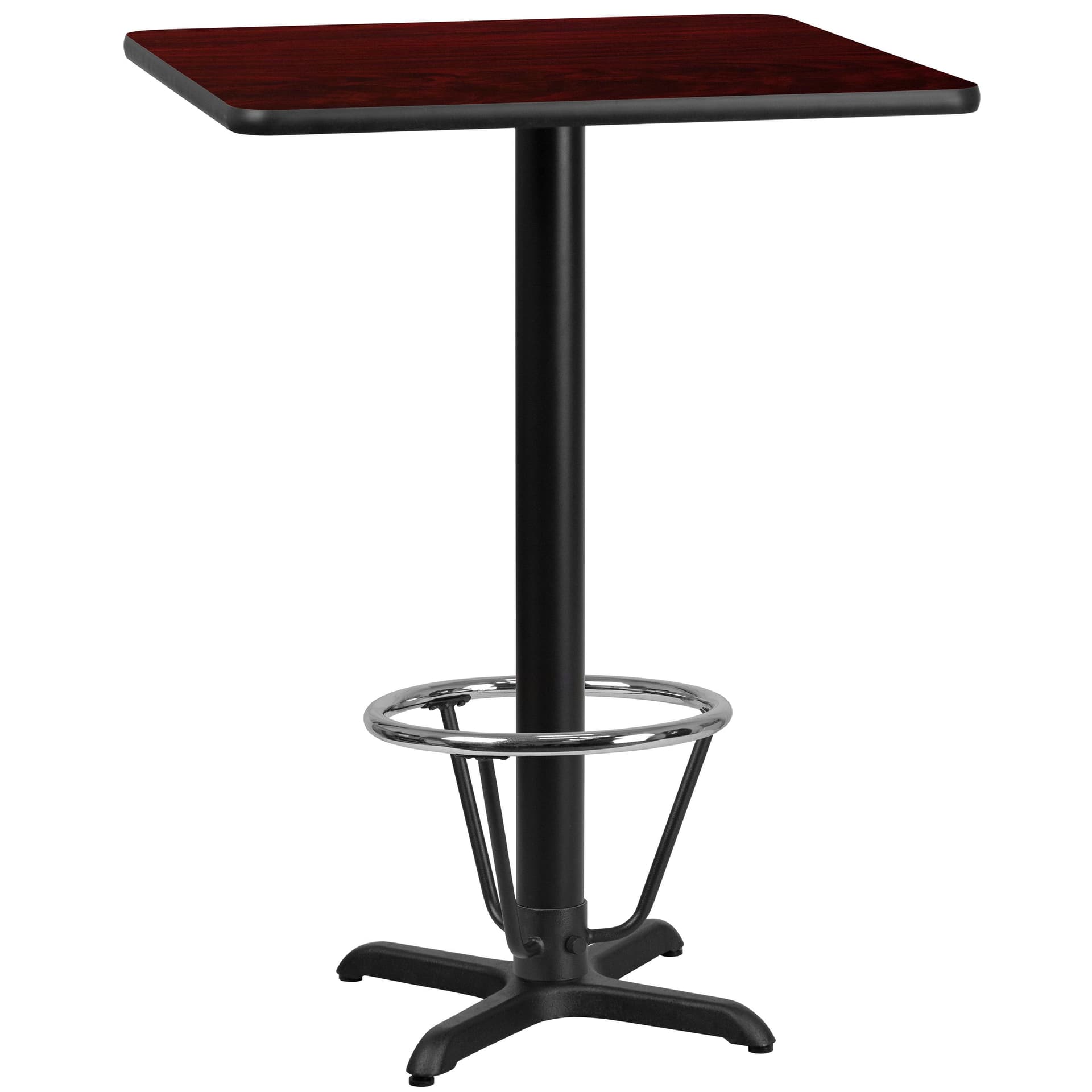24" SQ Mahogany Laminate Table Top w/ 22"x 22" Bar Height Table Base & Foot Ring