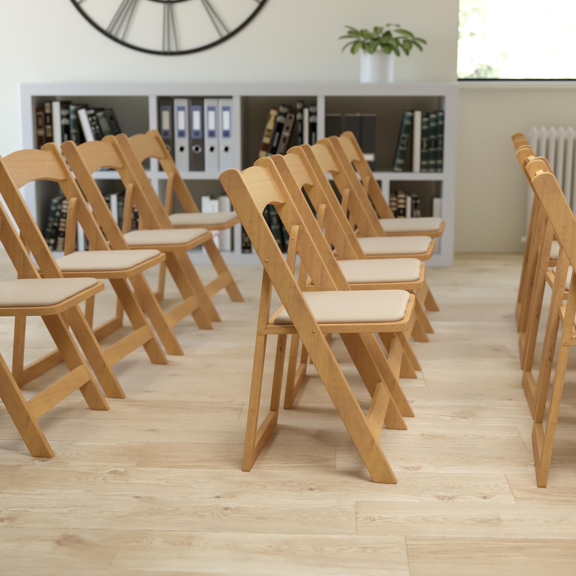 Natural Wood Folding Chair with Vinyl Padded Seat
