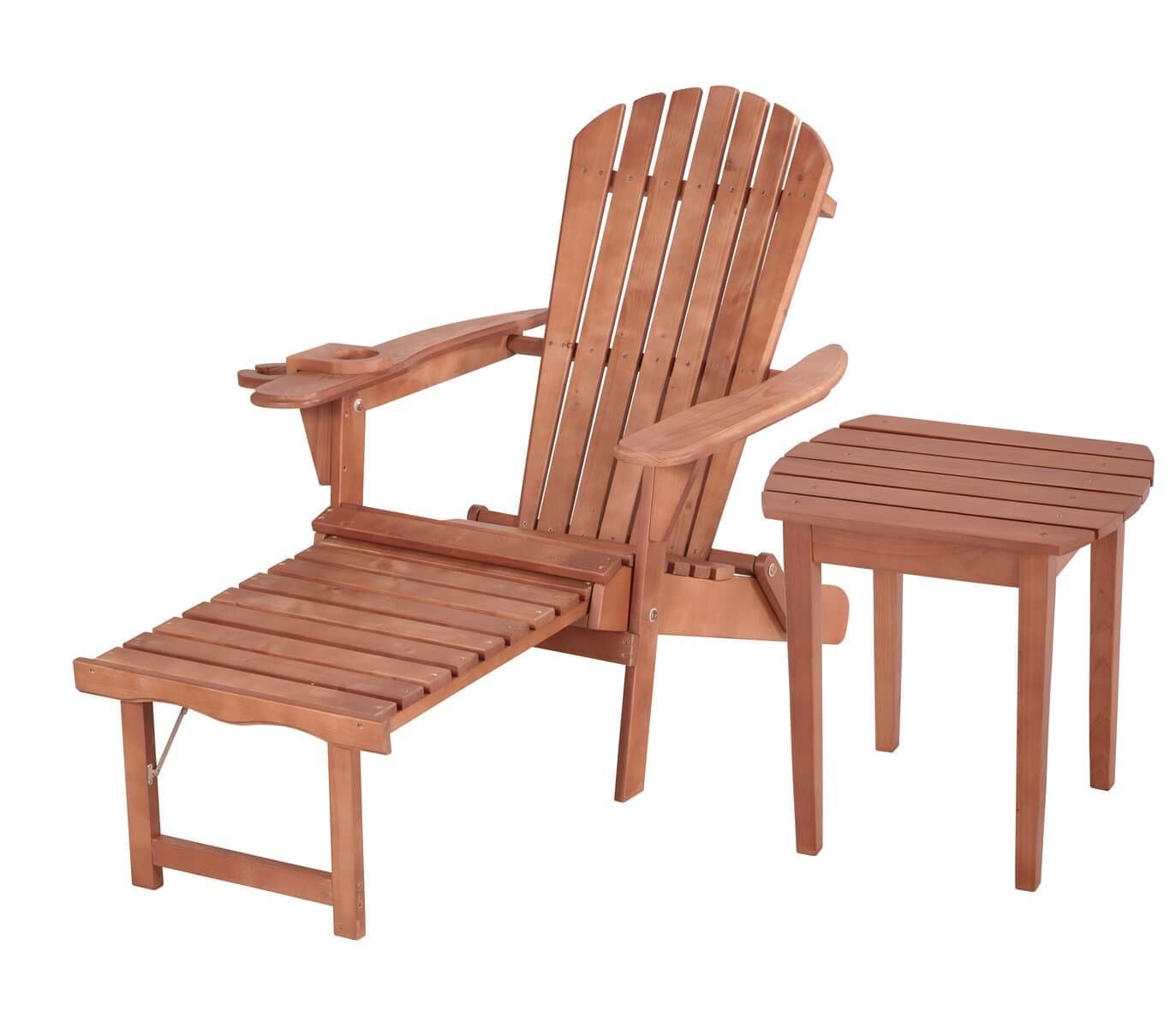 Oceanic Adirondack Chaise Lounge w/Ottoman & Beverage Holder & End Table - Walnut