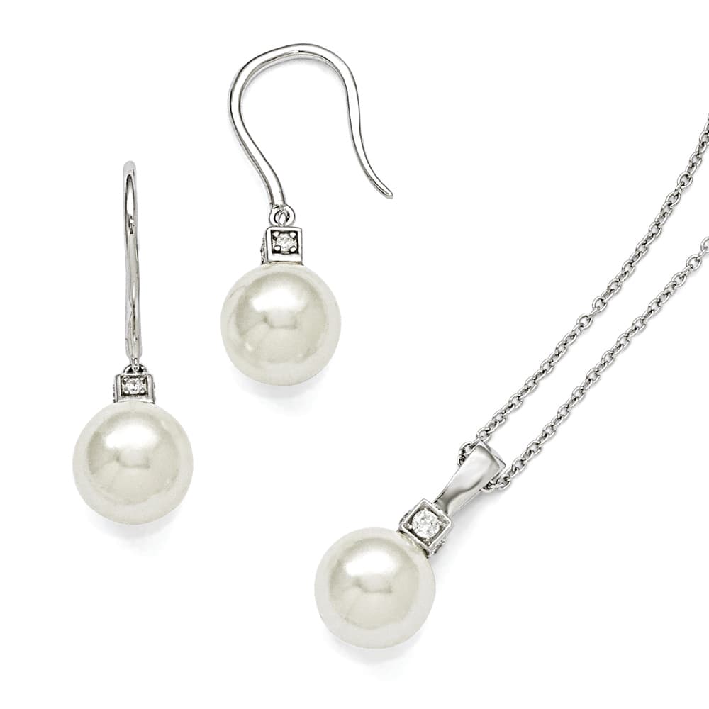 Sterling Silver Majestik 10-11mm White Shell Bead & CZ Set