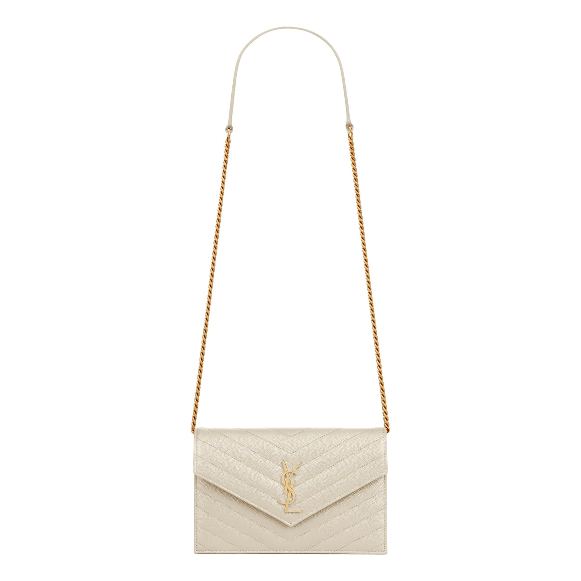 Saint Laurent Cassandre Envelope Chain Wallet Crossbody Bag in Crema White