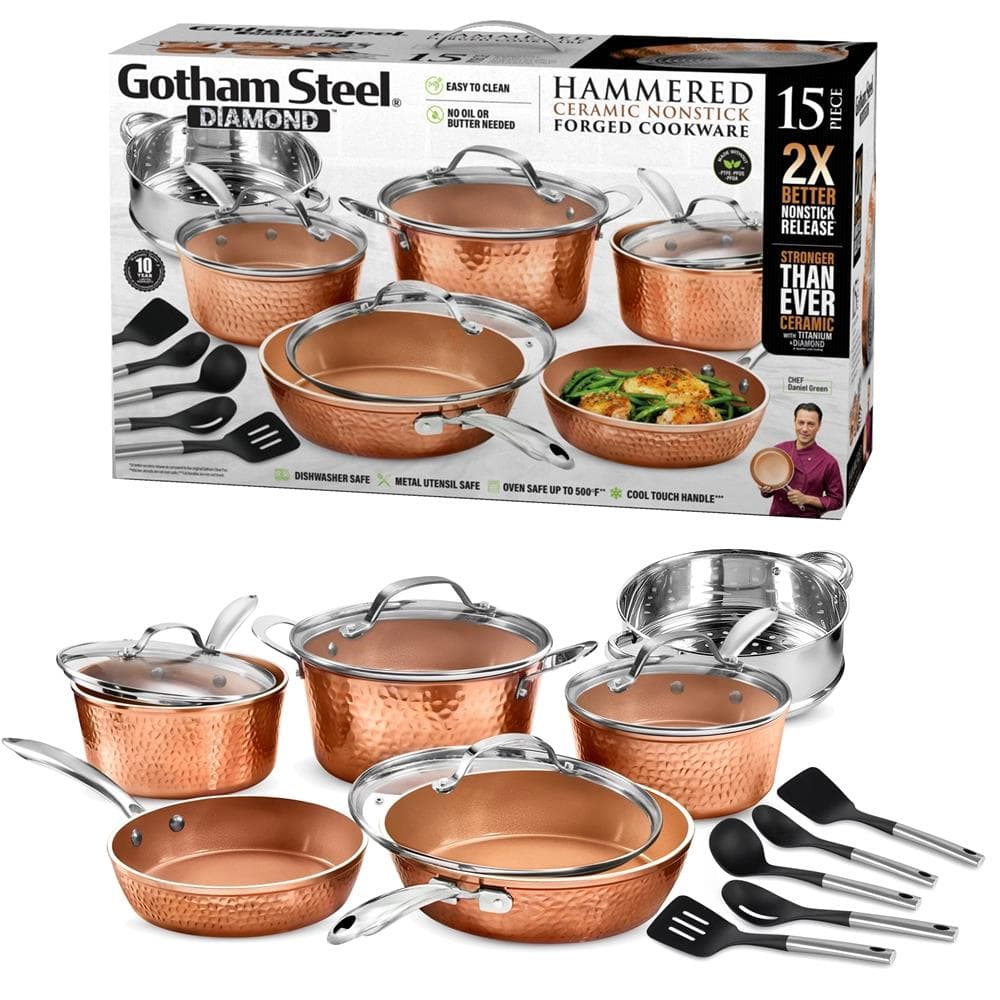 Diamond Hammered Copper Cookware Set Size 15 Piece Set