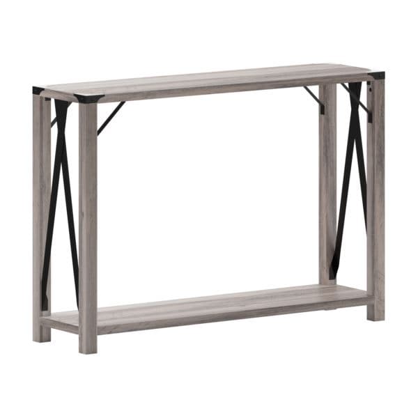 2-Tier Console Table with Black Metal Side Braces and Corner Caps - Rustic Oak