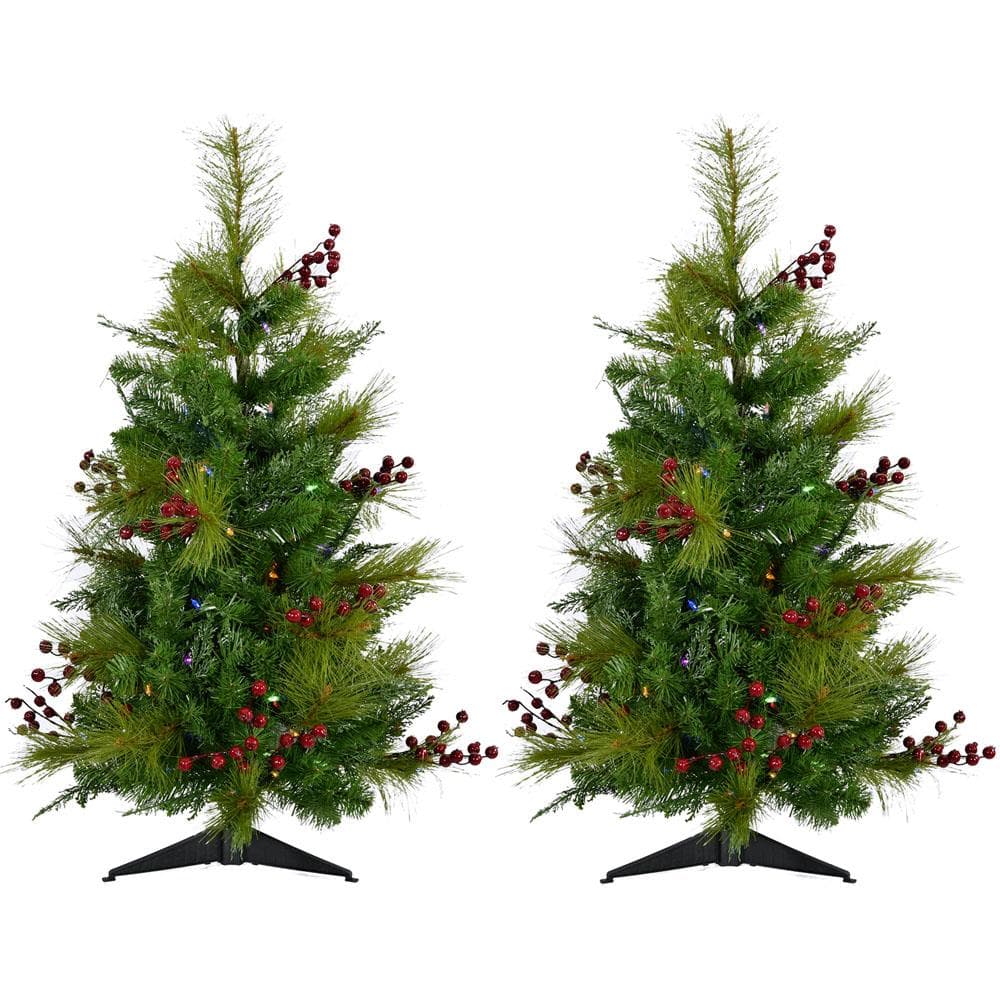 Set of Two 4-Ft. Newberry Pine Artificial Trees with Multi-Colored LED String Lights