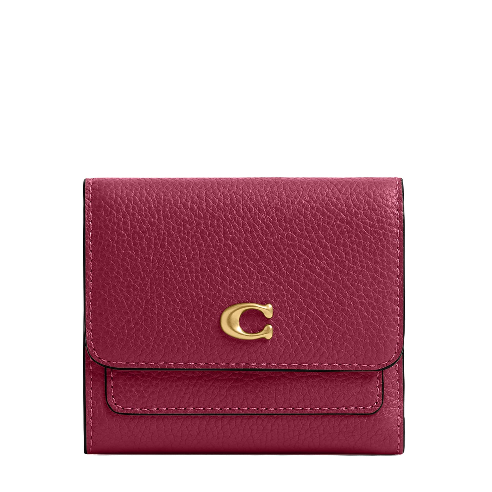 Polished Pebble Leather Mila Flap Wallet - Dark Fuchsia/Brass