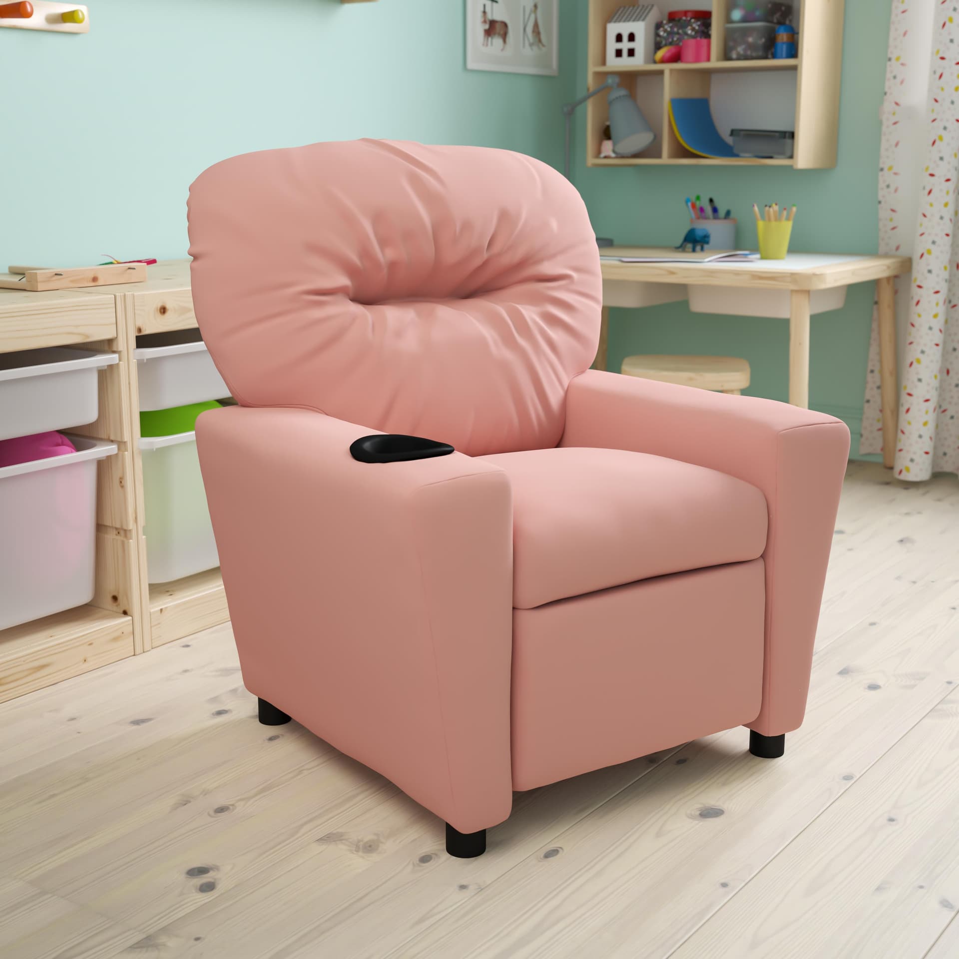 Contemporary Pink Vinyl Kids Recliner with Cup Holder - Hardwood Frame