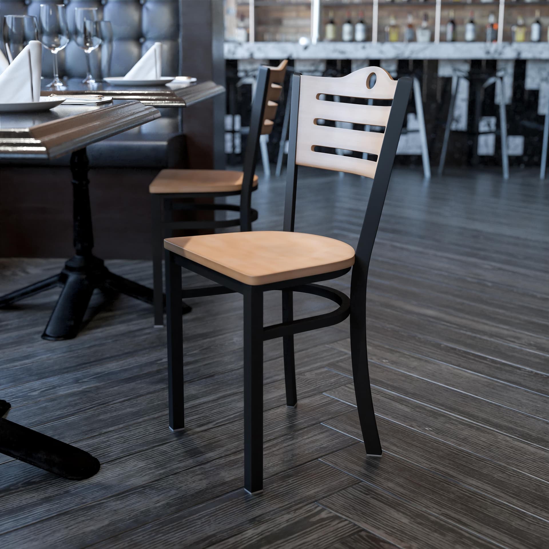 Black Slat Back Metal Restaurant Chair - Natural Wood Back & Seat