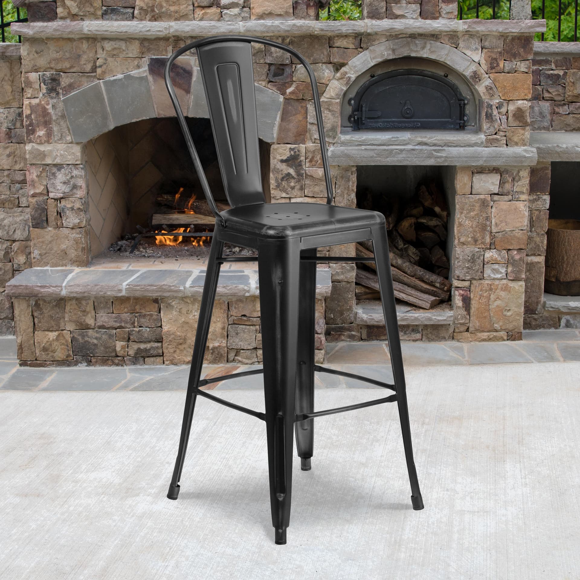 30" High Distressed Black Metal Indoor-Outdoor Barstool with Back