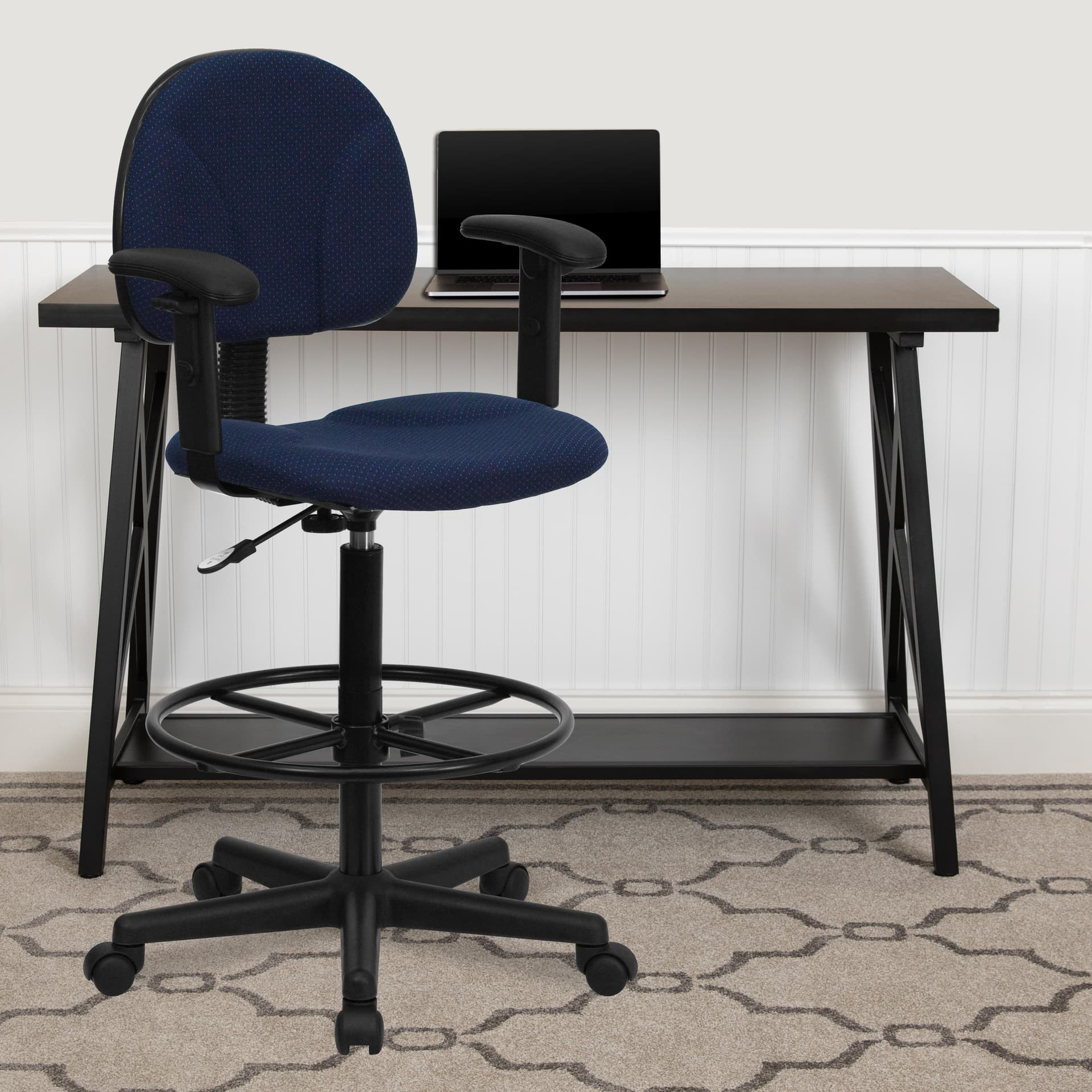 Navy Blue Patterned Fabric Swivel Drafting Chair with Adjustable Height and Arms