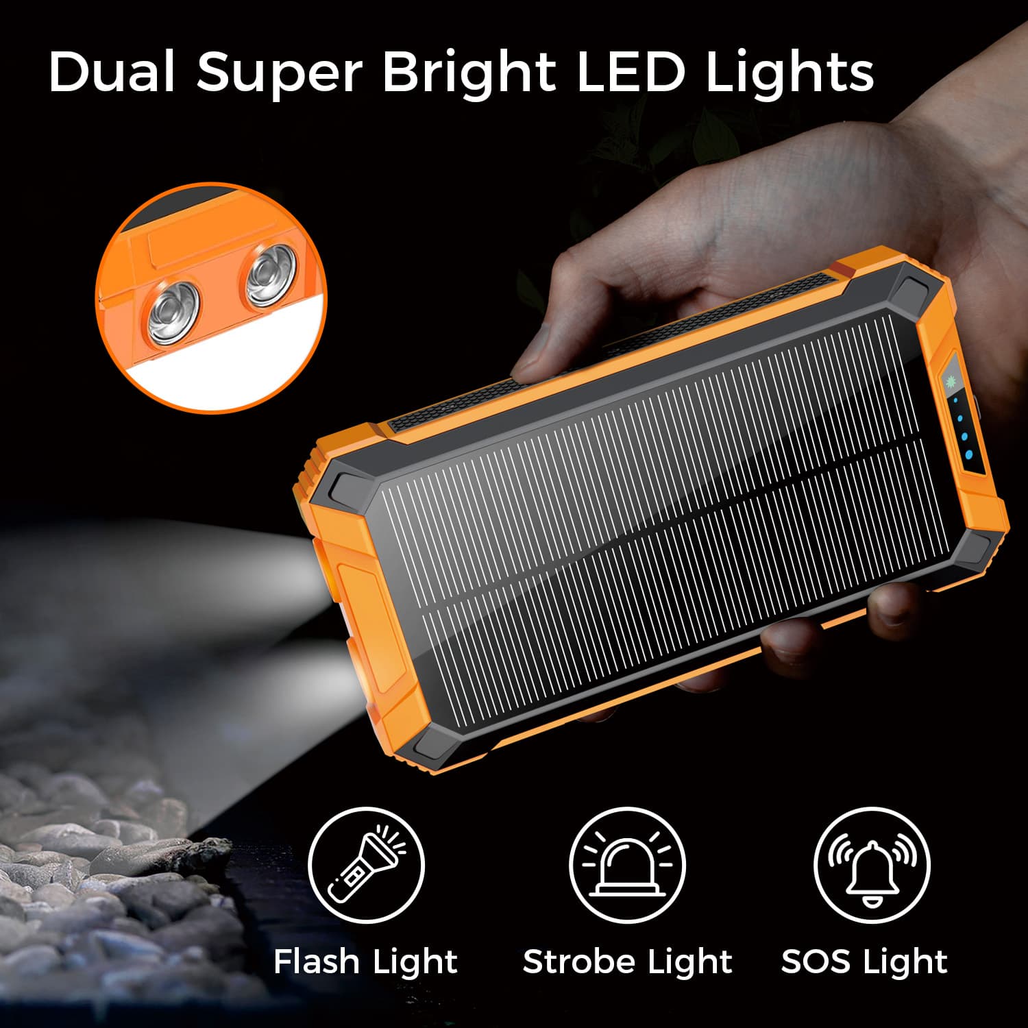 Portable Power Bank w/ Wireless Charging, Built-in 4 Cables, Solar Panel, 20000mAh Battery, IP65 Waterproof, Dustproof, Dual LED Flashlight, Great for iPhone, Samsung, Smart Phones