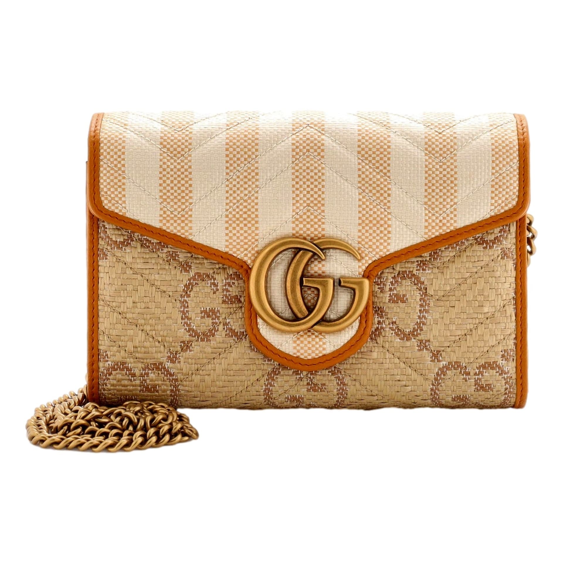 Gucci GG Marmont Raffia Wallet on Chain in Orange and Beige