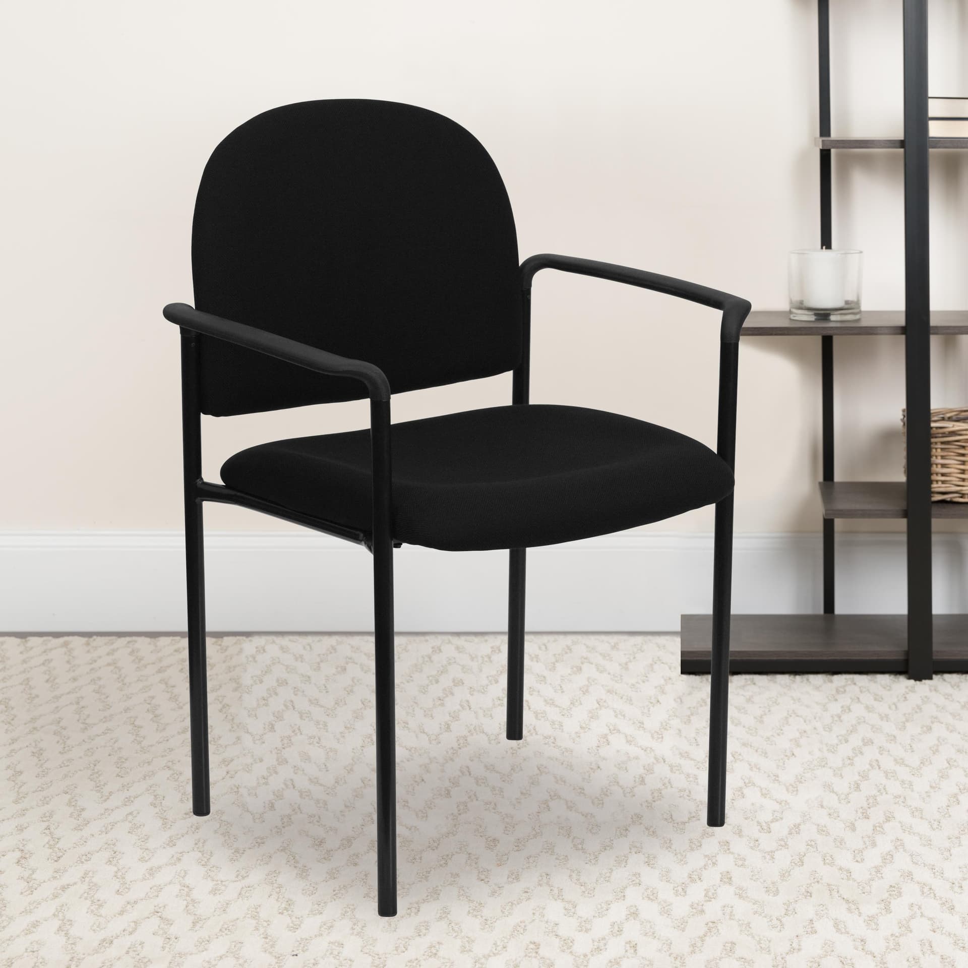 Comfort Black Fabric Stackable Steel Side Reception Chair w/ Arms