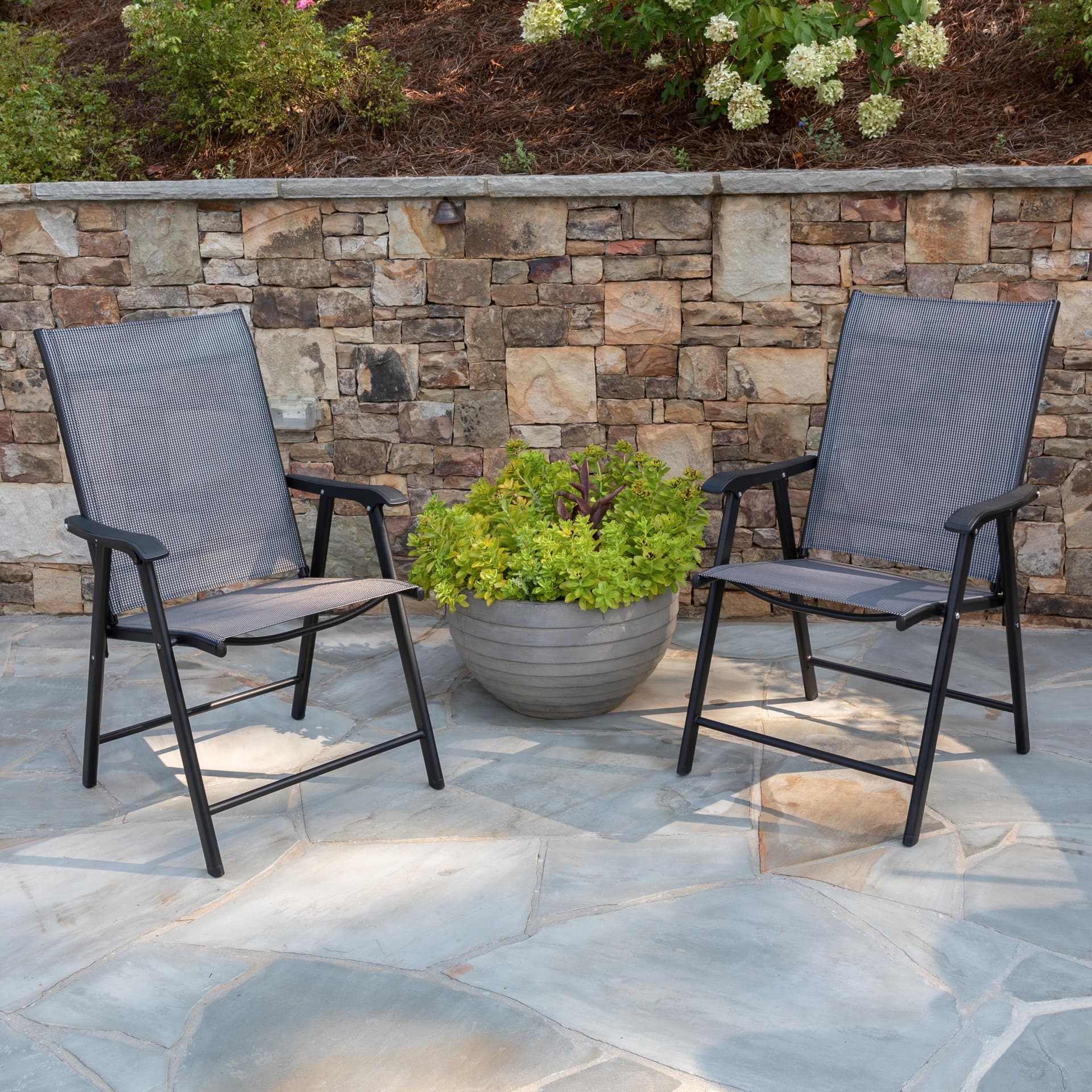Portable Black/Gray Outdoor Folding Patio Sling Chair / Portable Chair (2 Pack)