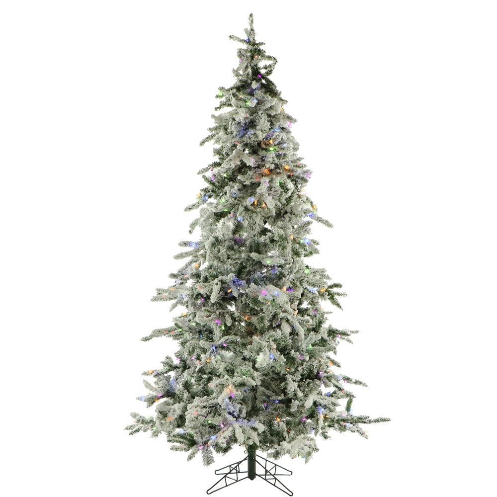 Fraser Hill Farm 6.5-Ft Flocked Mountain Pine Artificial Christmas Tree with Dual Multicolor & Warm