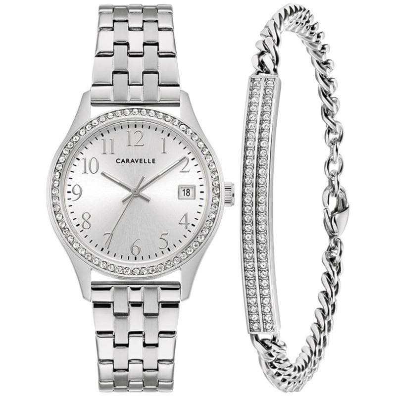 Ladies Classic Silver-Tone Stainless Steel Box Set w/ Crystal Bracelet