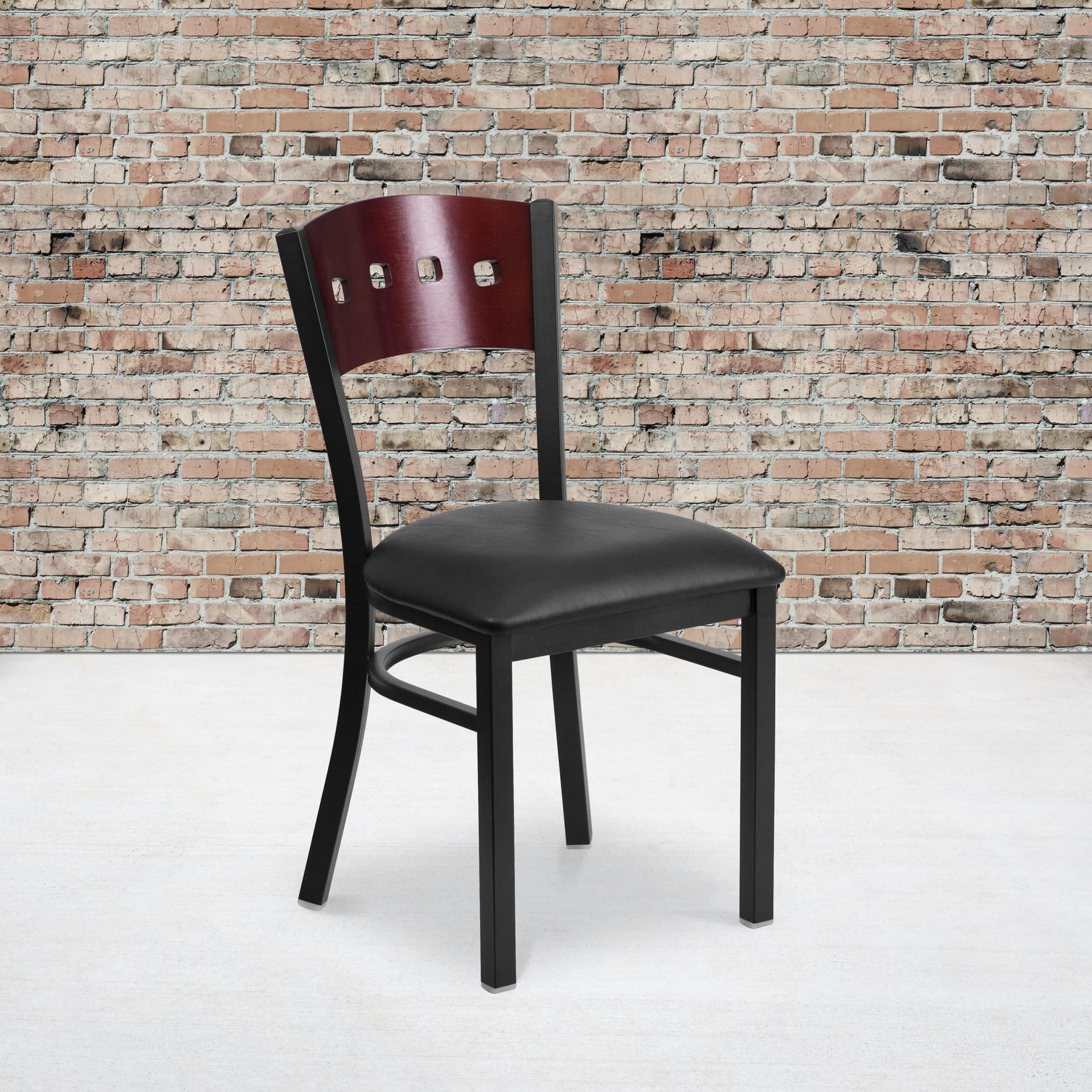 Black 4 SQ Back Metal Restaurant Chair - Mahogany Wood Back, Black Vinyl Seat