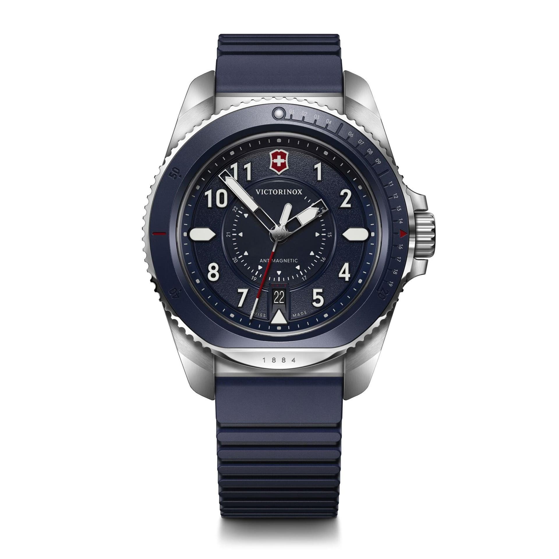 Journey 1884 43mm, silver stainless steel case, blue aluminium bezel, blue dial, blue rubber strap